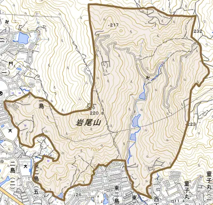 大字二島とその周辺の地図。町の範囲を重ねている