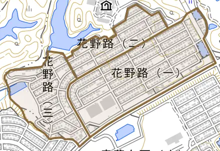花野路とその周辺の地図。町の範囲を重ねている