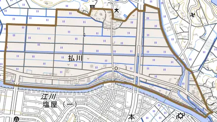 大字払川とその周辺の地図。町の範囲を重ねている