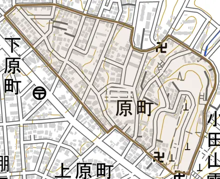 原町とその周辺の地図。町の範囲を重ねている