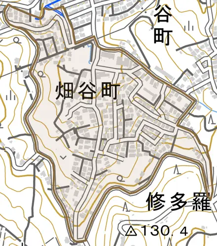 畑谷町とその周辺の地図。町の範囲を重ねている