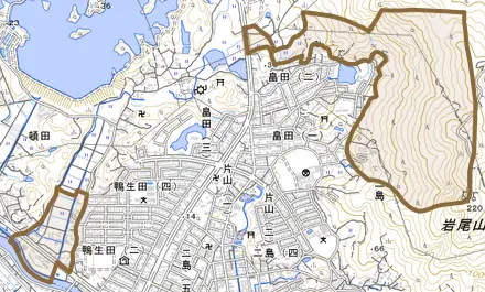 大字畠田とその周辺の地図。町の範囲を重ねている