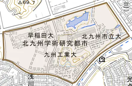 ひびきのとその周辺の地図。町の範囲を重ねている