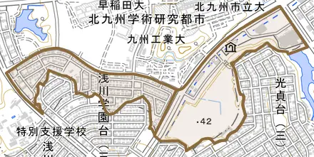 ひびきの南とその周辺の地図。町の範囲を重ねている