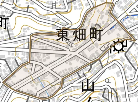 東畑町とその周辺の地図。町の範囲を重ねている