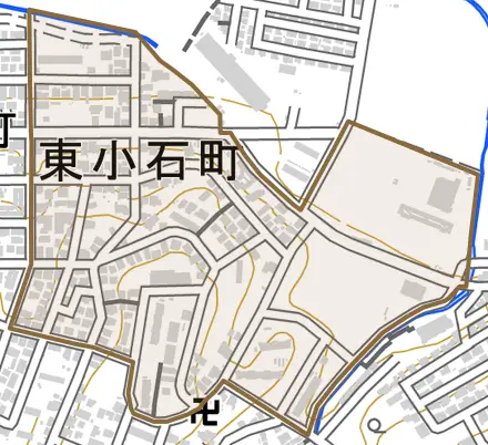東小石町とその周辺の地図。町の範囲を重ねている