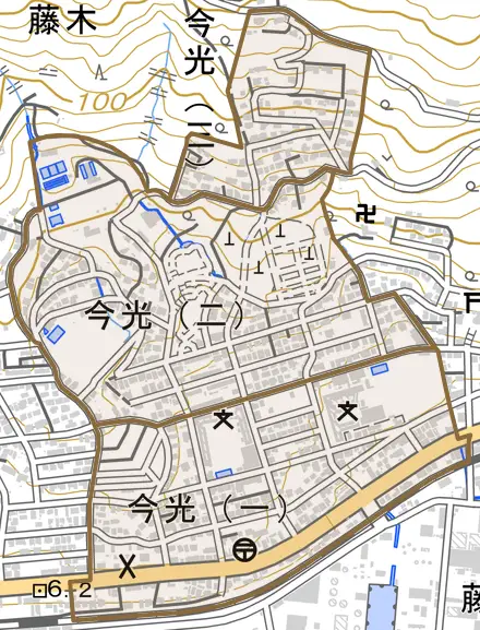 今光とその周辺の地図。町の範囲を重ねている