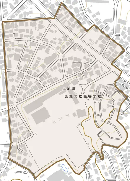 上原町とその周辺の地図。町の範囲を重ねている