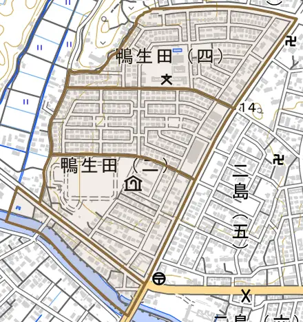 鴨生田とその周辺の地図。町の範囲を重ねている
