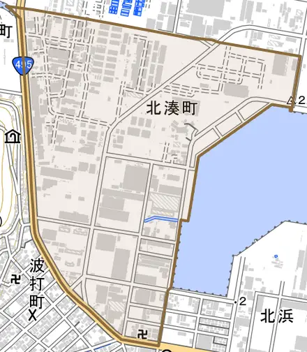 北湊町とその周辺の地図。町の範囲を重ねている