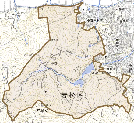 大字小石とその周辺の地図。町の範囲を重ねている