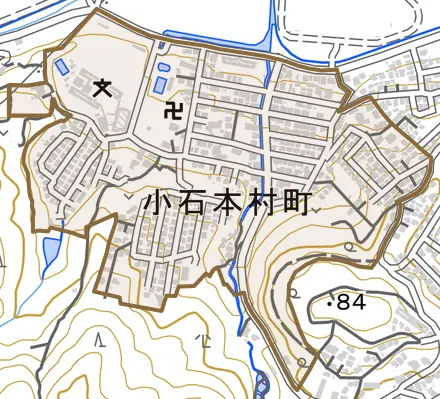 小石本村町とその周辺の地図。町の範囲を重ねている