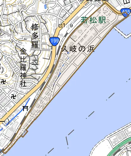 久岐の浜とその周辺の地図。町の範囲を重ねている
