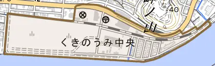 くきのうみ中央とその周辺の地図。町の範囲を重ねている