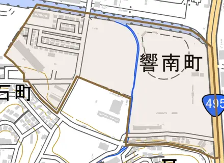 響南町とその周辺の地図。町の範囲を重ねている