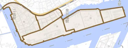 南二島とその周辺の地図。町の範囲を重ねている