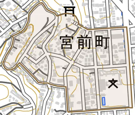 宮前町とその周辺の地図。町の範囲を重ねている