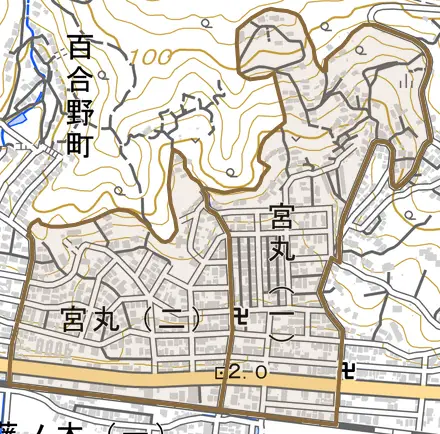 宮丸とその周辺の地図。町の範囲を重ねている