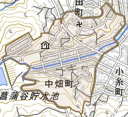 中畑町とその周辺の地図。町の範囲を重ねている