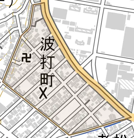 波打町とその周辺の地図。町の範囲を重ねている