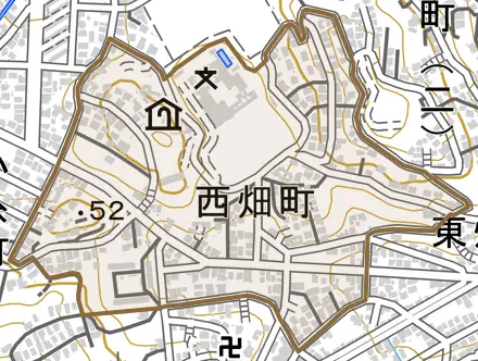 西畑町とその周辺の地図。町の範囲を重ねている
