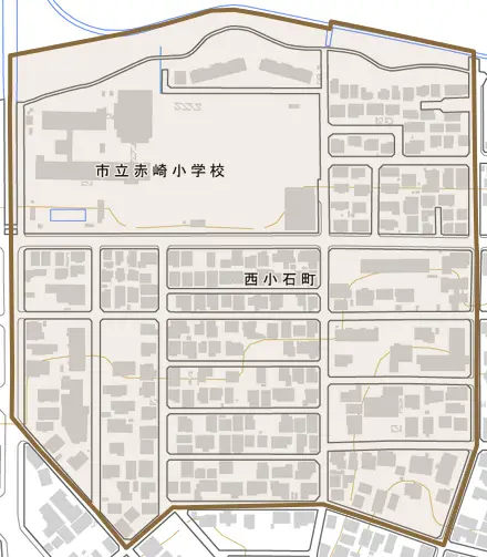西小石町とその周辺の地図。町の範囲を重ねている