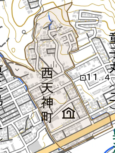 西天神町とその周辺の地図。町の範囲を重ねている