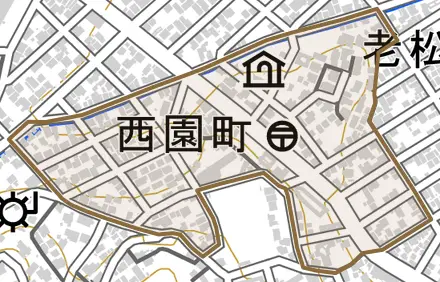 西園町とその周辺の地図。町の範囲を重ねている
