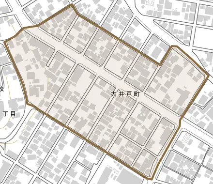大井戸町とその周辺の地図。町の範囲を重ねている