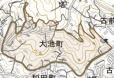 大池町とその周辺の地図。町の範囲を重ねている