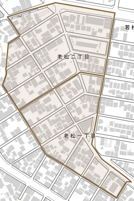 老松とその周辺の地図。町の範囲を重ねている