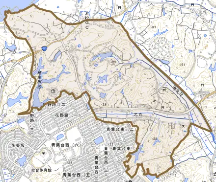 大字乙丸とその周辺の地図。町の範囲を重ねている