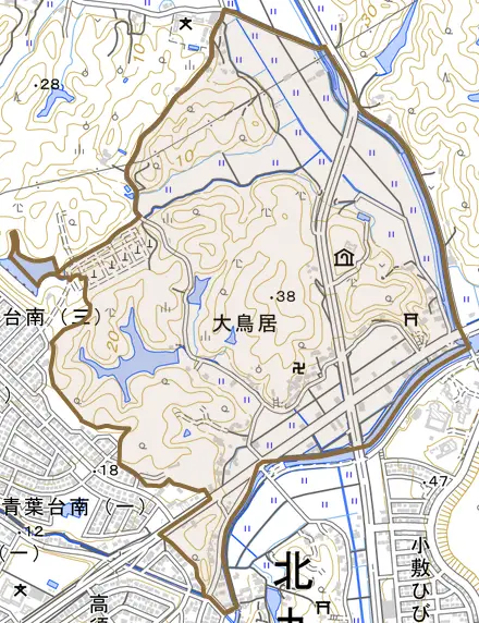 大字大鳥居とその周辺の地図。町の範囲を重ねている
