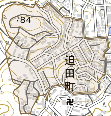 迫田町とその周辺の地図。町の範囲を重ねている