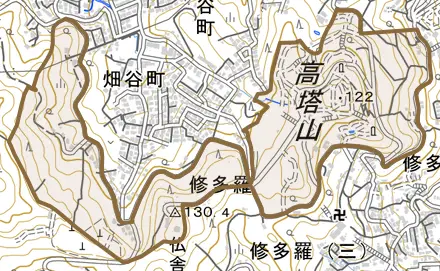 大字修多羅とその周辺の地図。町の範囲を重ねている