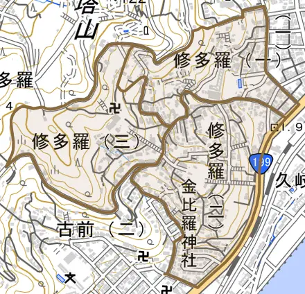 修多羅とその周辺の地図。町の範囲を重ねている
