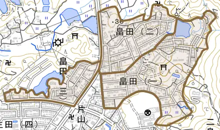 畠田とその周辺の地図。町の範囲を重ねている