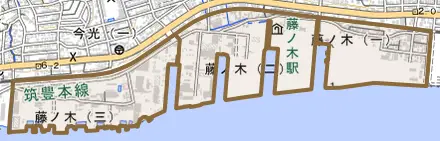 藤ノ木とその周辺の地図。町の範囲を重ねている