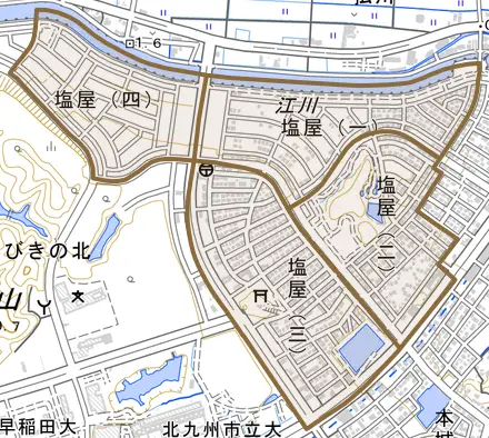 塩屋とその周辺の地図。町の範囲を重ねている