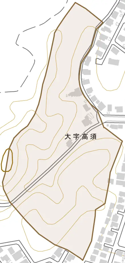 大字高須とその周辺の地図。町の範囲を重ねている