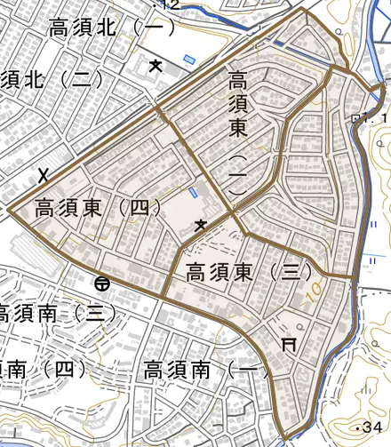 高須東とその周辺の地図。町の範囲を重ねている