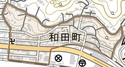 和田町とその周辺の地図。町の範囲を重ねている