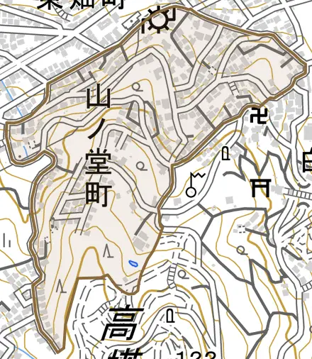 山ノ堂町とその周辺の地図。町の範囲を重ねている
