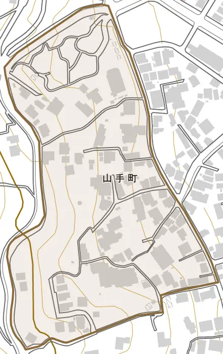 山手町とその周辺の地図。町の範囲を重ねている