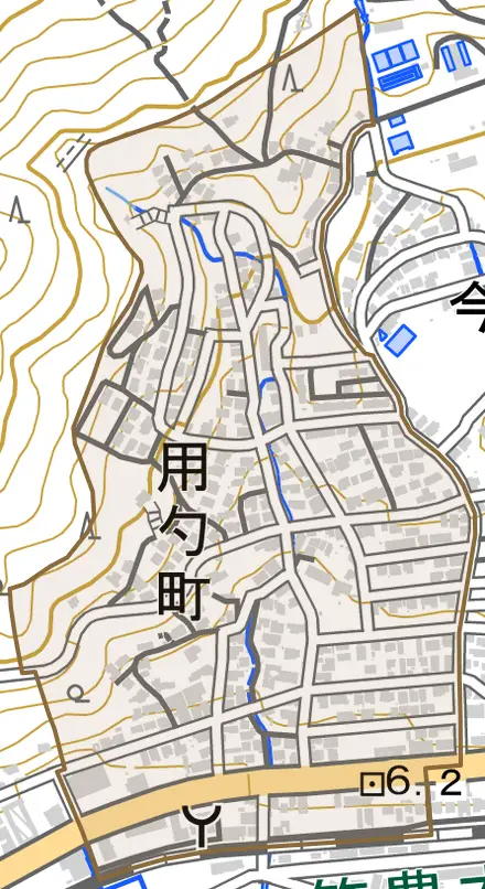 用勺町とその周辺の地図。町の範囲を重ねている