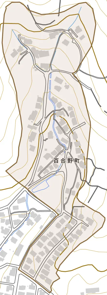 百合野町とその周辺の地図。町の範囲を重ねている