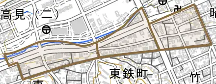 荒生田とその周辺の地図。町の範囲を重ねている