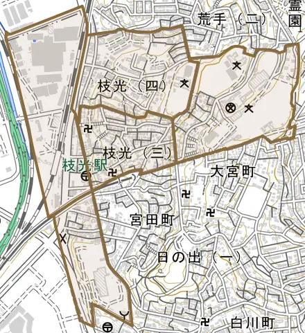 枝光とその周辺の地図。町の範囲を重ねている