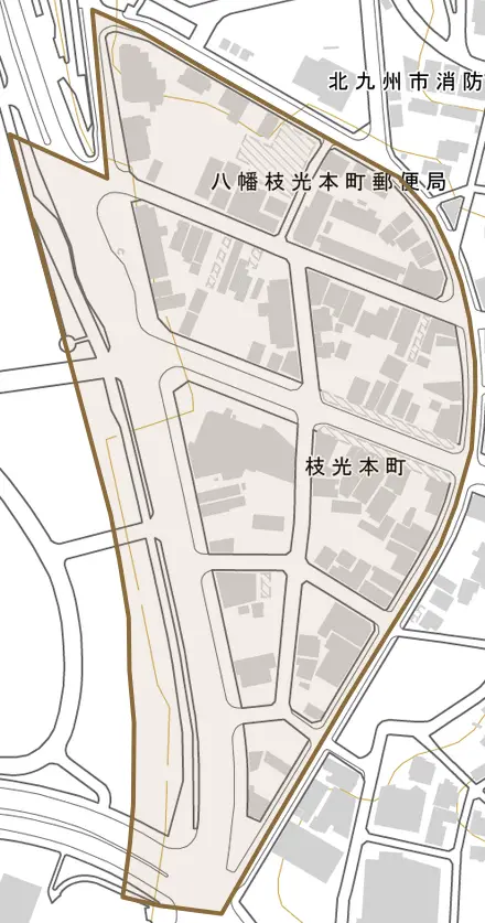 枝光本町とその周辺の地図。町の範囲を重ねている