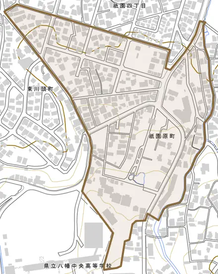 祇園原町とその周辺の地図。町の範囲を重ねている